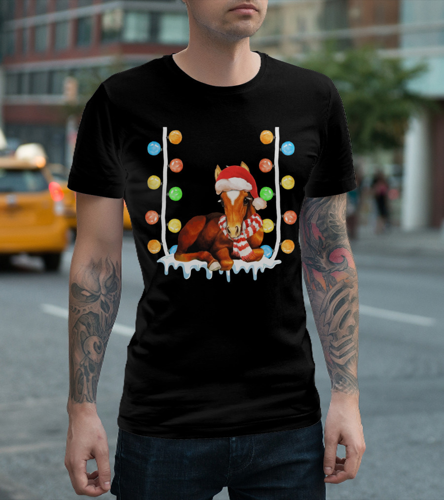 Christmas Funny Santa Horse With Lights And Scarf T-Shirt