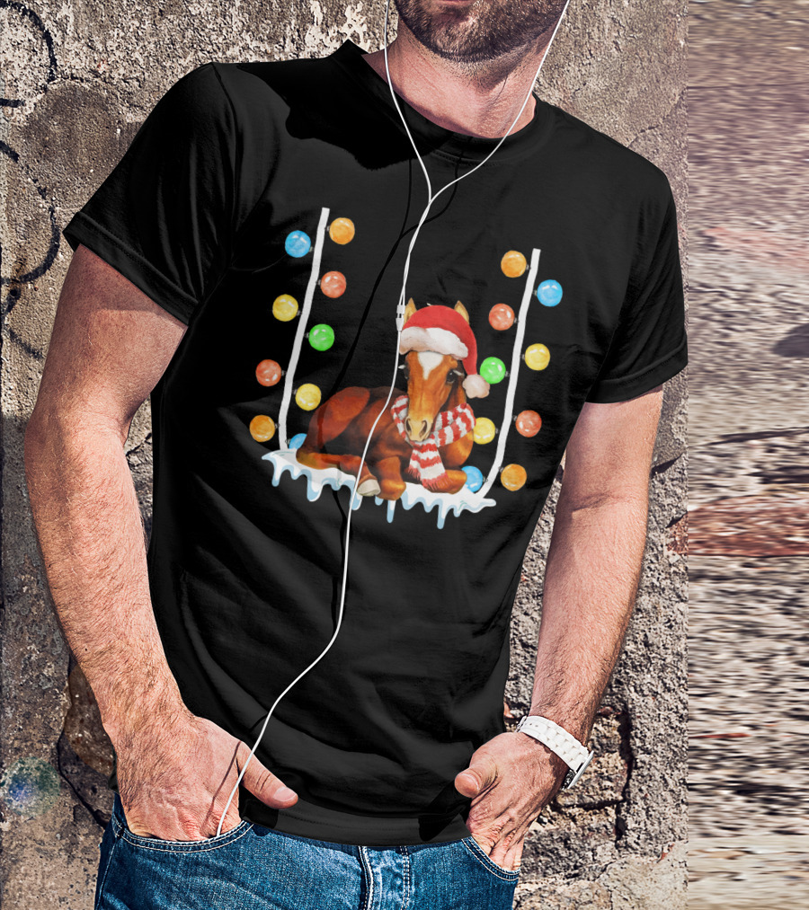 Christmas Funny Santa Horse With Lights And Scarf T-Shirt