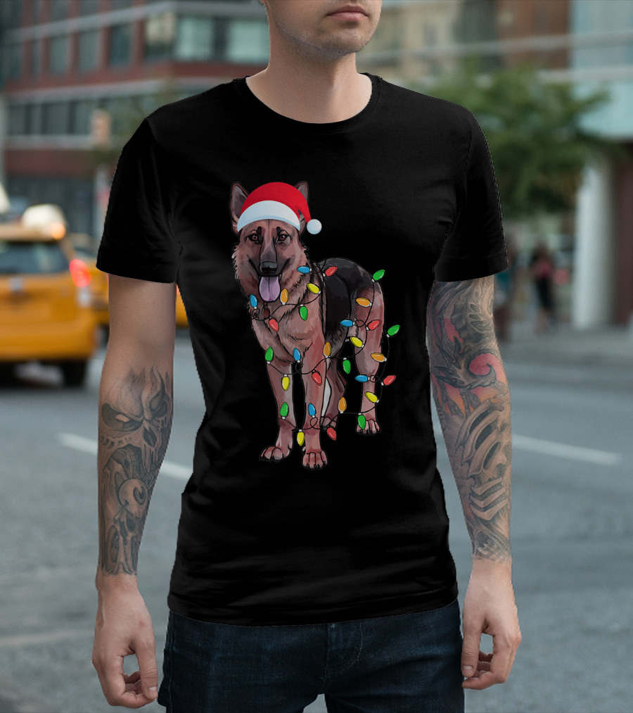 Funny Christmas German Shepherd with Santa Hat and Holiday Lights T-Shirt
