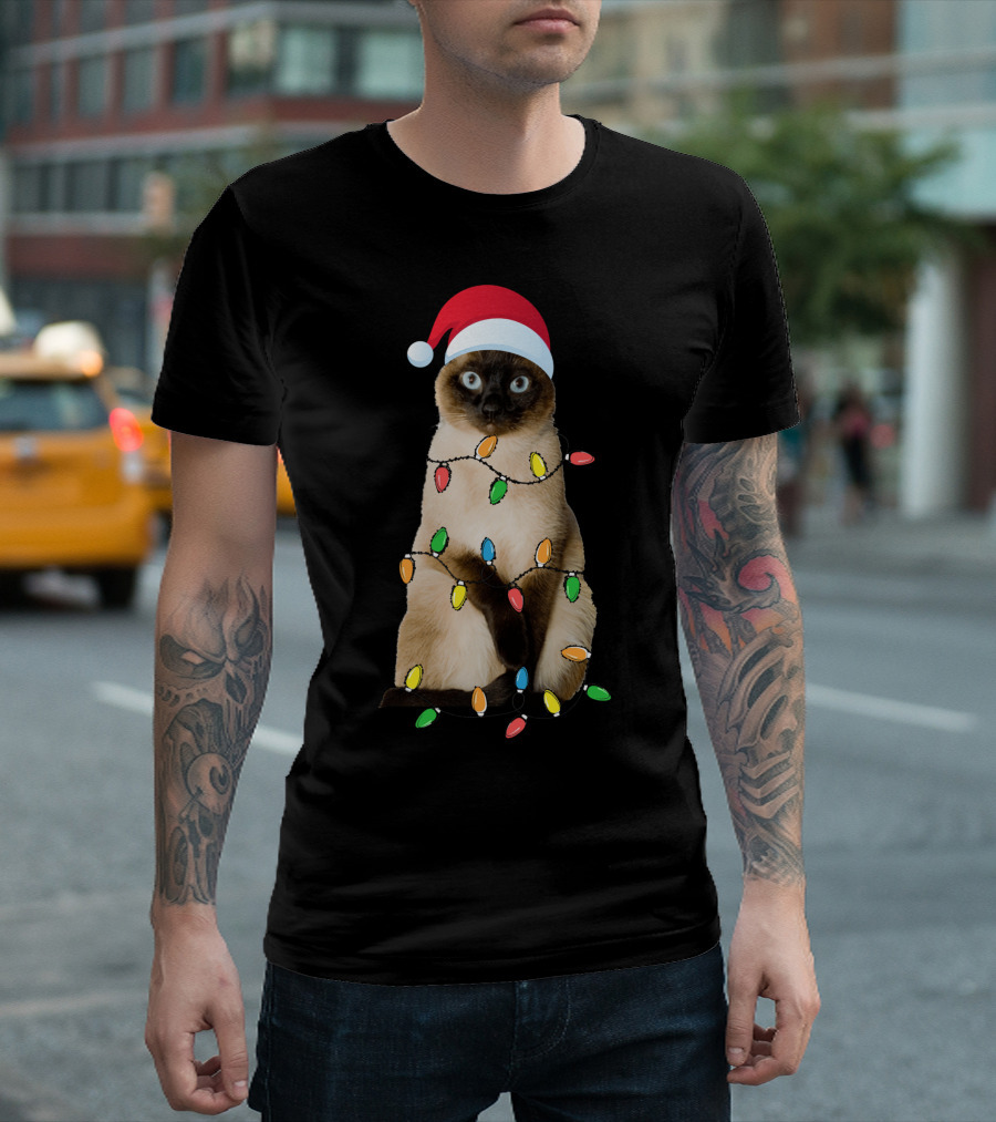 Christmas Siamese Cat with Santa Hat and Colorful Lights T-Shirt