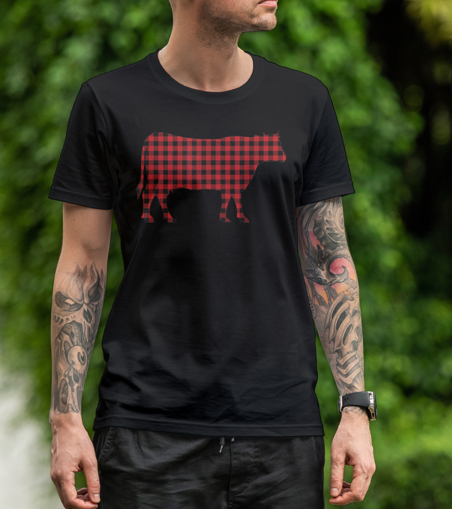 Cow Christmas Red Black Plaid Lumberjack T-Shirt