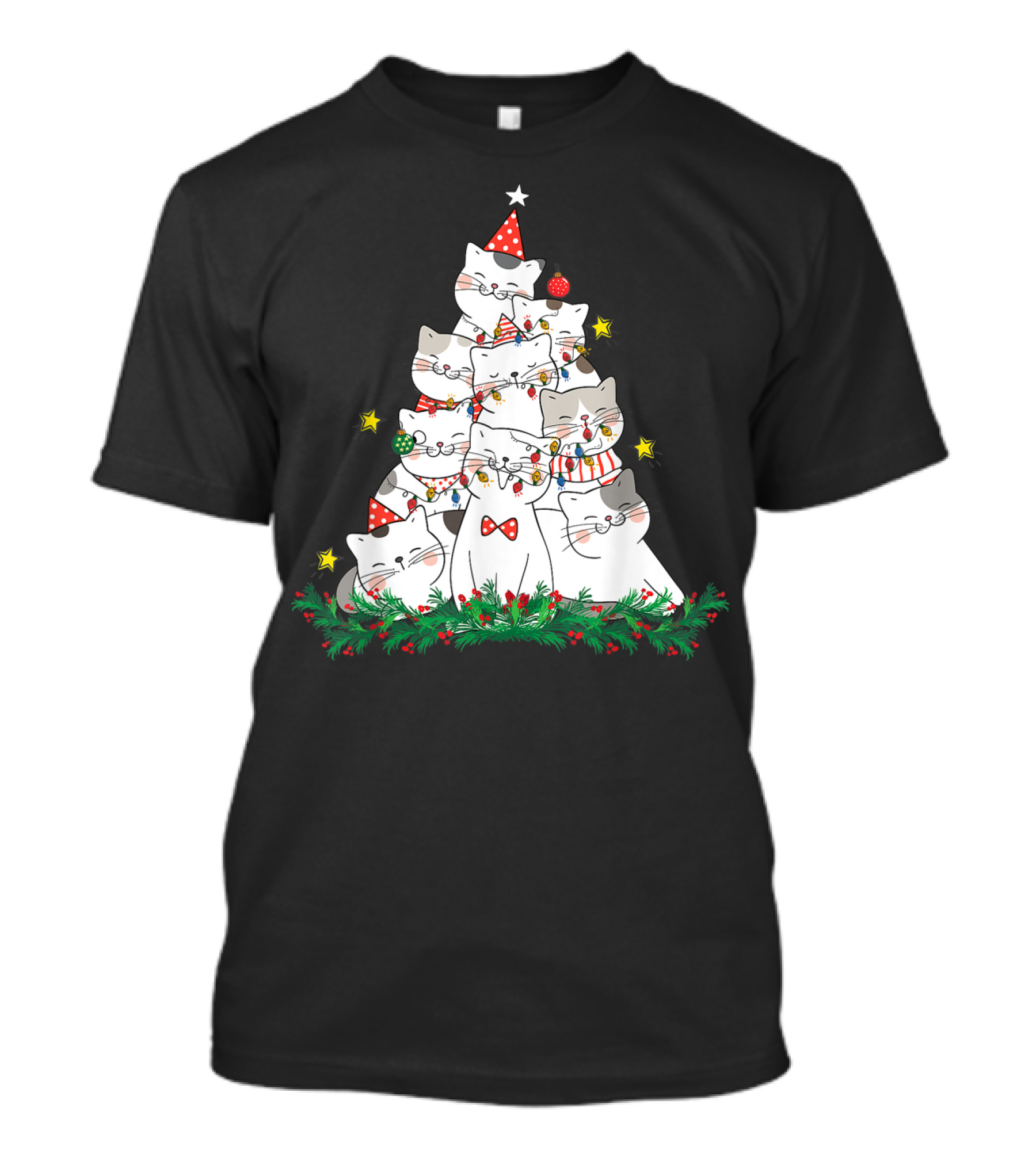 Cute Cat Christmas Tree With Holiday Lights And Stars T-Shirt