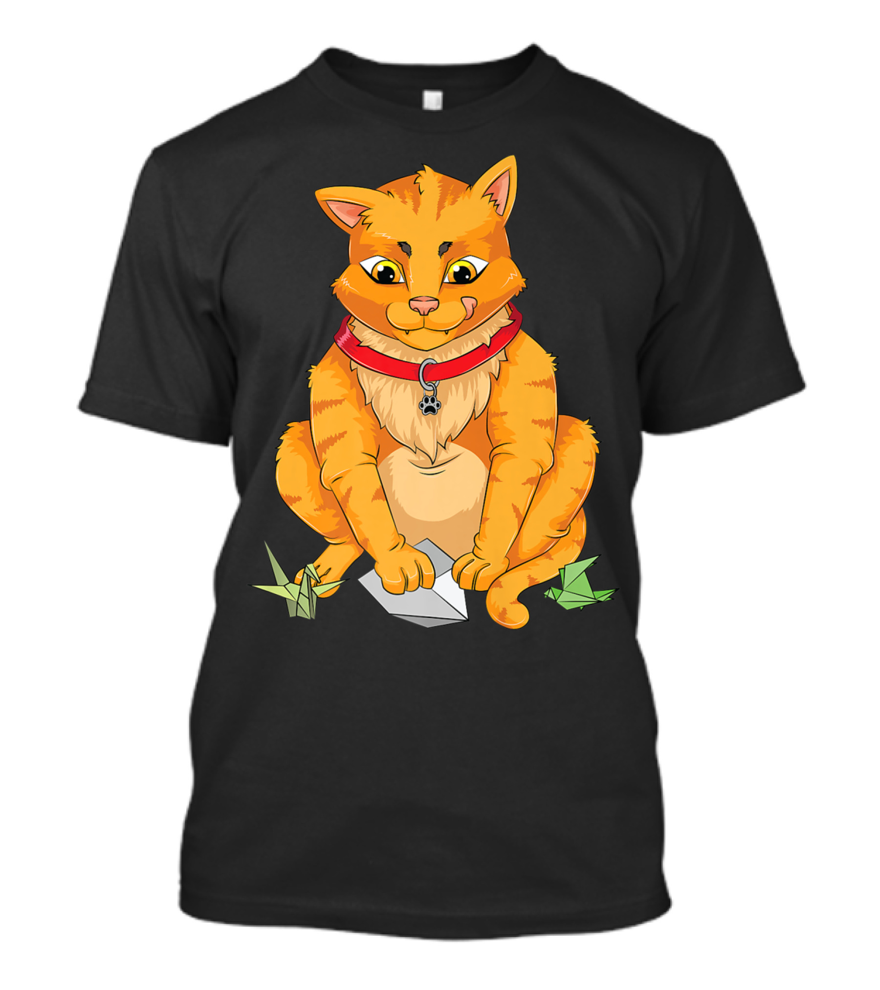 Cute Cat Playing With Origami Paper Planes And Folded T-Shirt