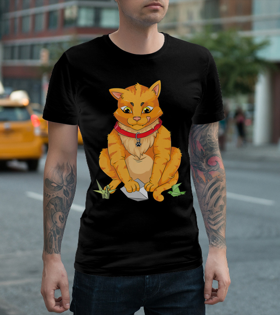 Cute Cat Playing With Origami Paper Planes And Folded T-Shirt