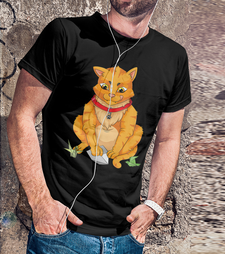 Cute Cat Playing With Origami Paper Planes And Folded T-Shirt