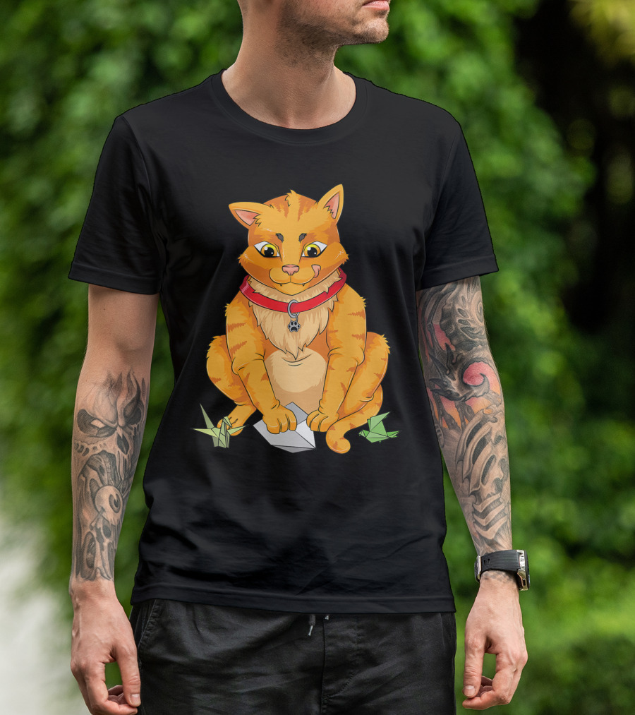 Cute Cat Playing With Origami Paper Planes And Folded T-Shirt