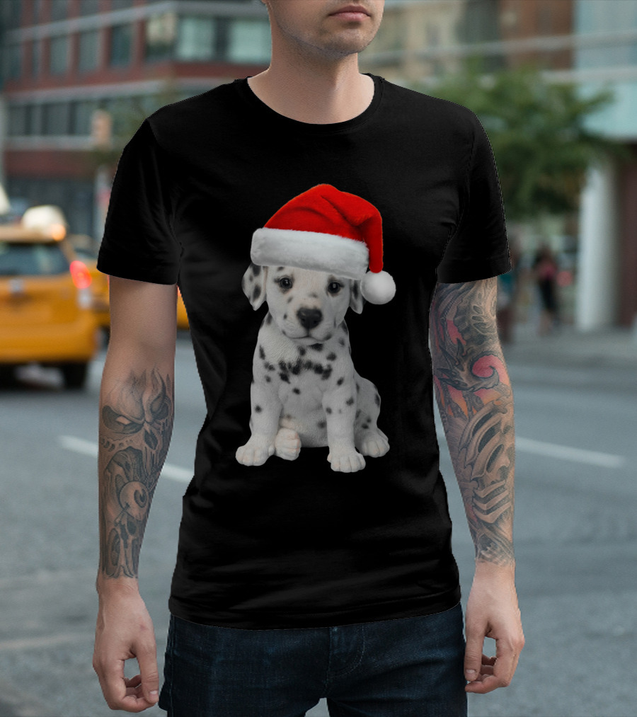 Cute Dalmatian Puppy Dog with Santa Hat Christmas Dogs T-Shirt