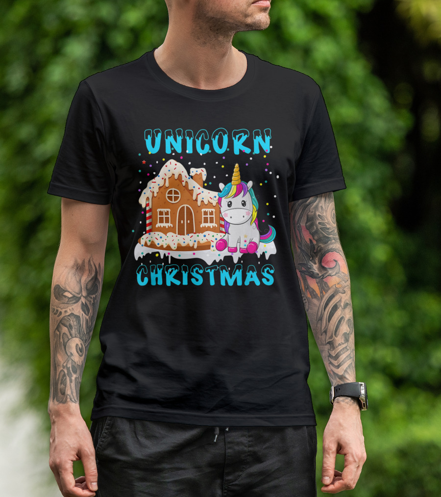 Unicorn Christmas Gingerbread House Funny Merry T-Shirt