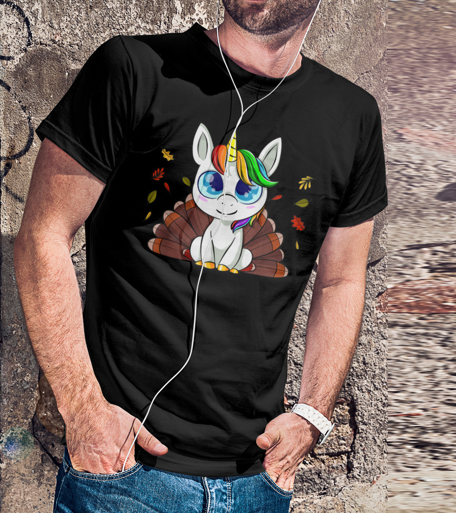 Cute Unicorn Turkey Thanksgiving Leaves T-Shirt