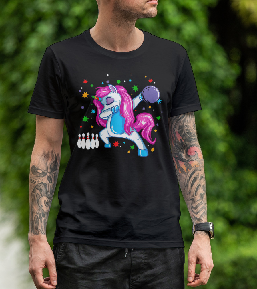 Dabbing Unicorn Bowling Fun Dance Party With Stars And Pins T-Shirt