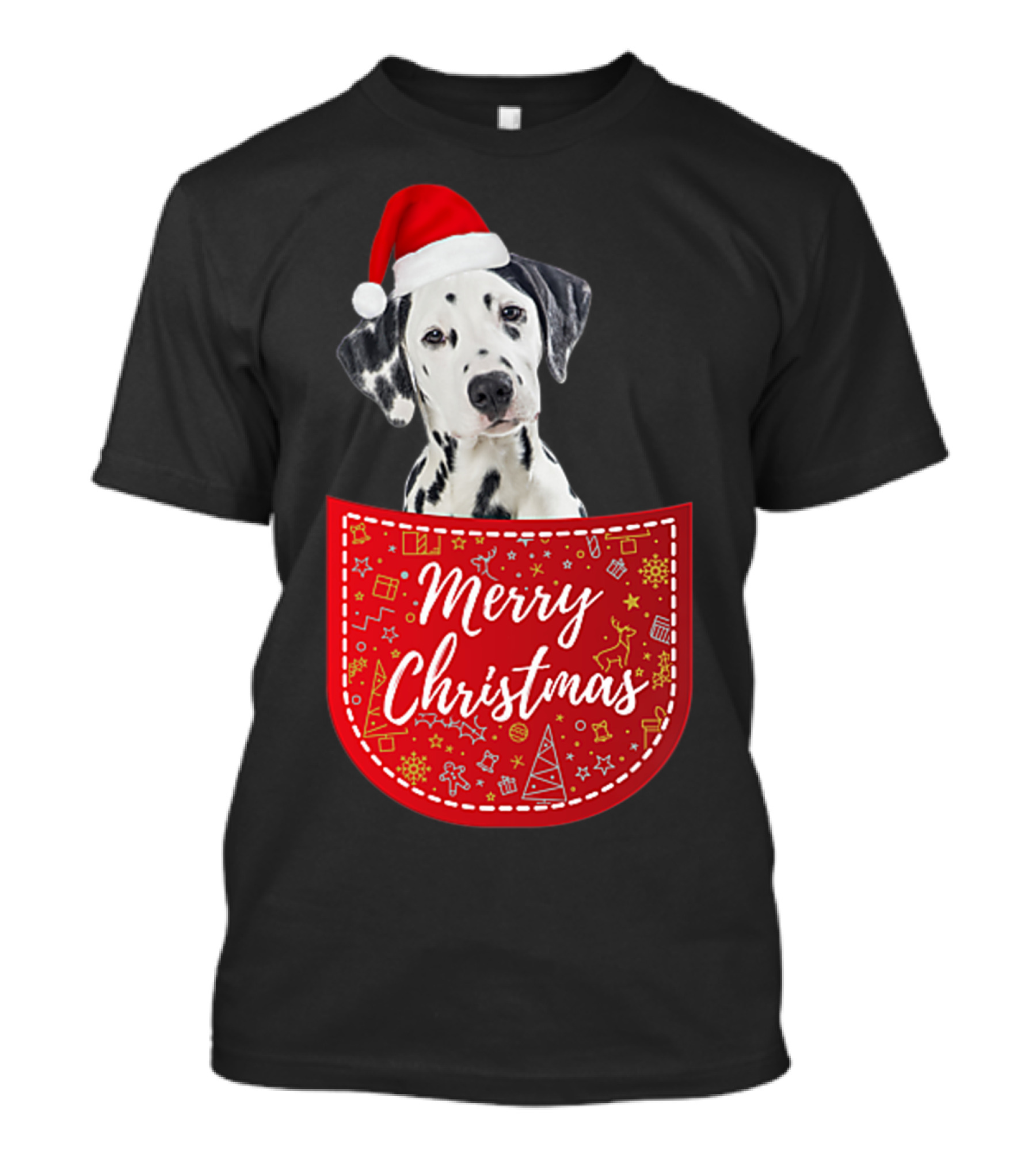 Dalmatian In Santa Hat With Merry Christmas Pocket T-Shirt