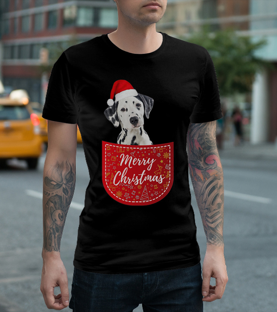 Dalmatian in Santa Hat with Merry Christmas Pocket T-Shirt