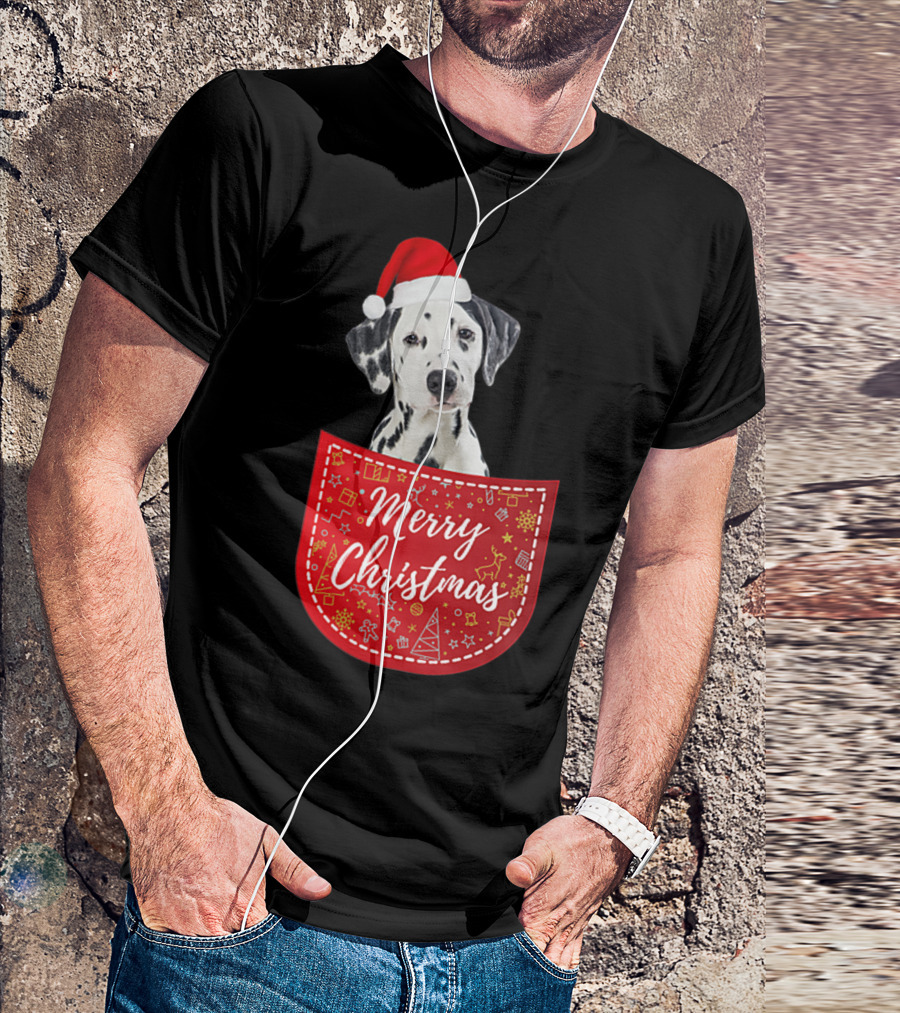Dalmatian In Santa Hat With Merry Christmas Pocket T-Shirt