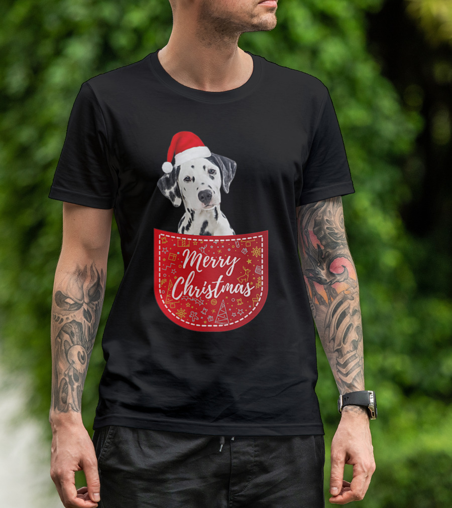 Dalmatian In Santa Hat With Merry Christmas Pocket T-Shirt