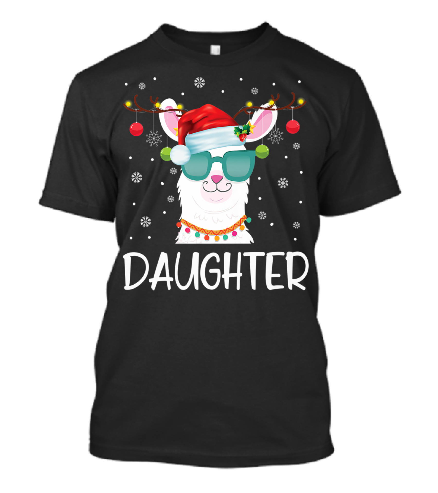 Daughter Llama Christmas Santa Hat Sunglasses Snowflakes T-Shirt