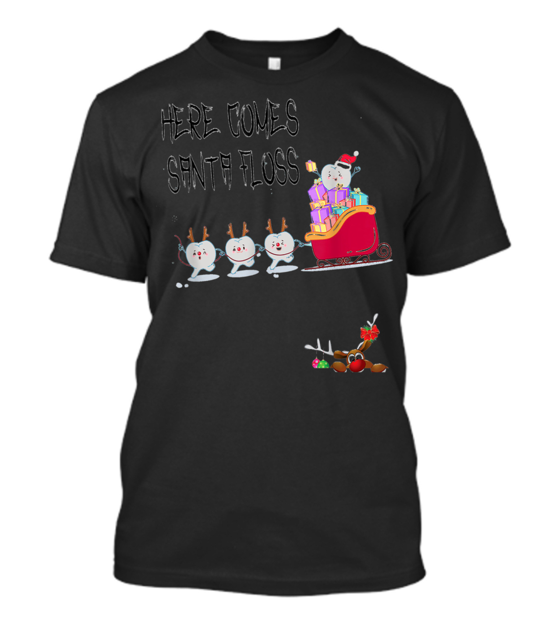Here Comes Santa Floss Tooth Reindeer Funny Christmas T-Shirt