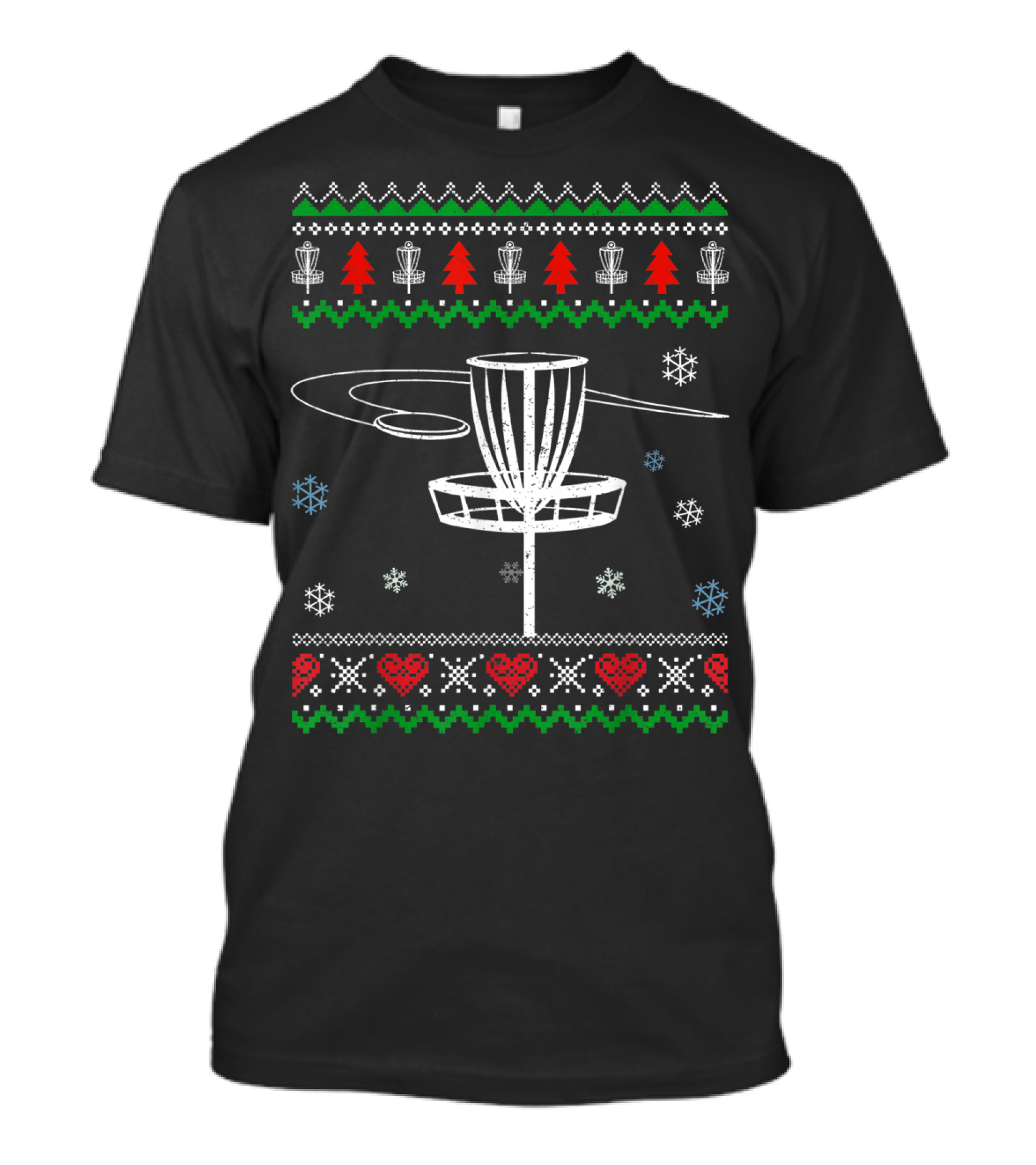 Disc Golf Awesome Christmas Ugly Sweater Holiday Snowflakes Trees Hearts T-Shirt