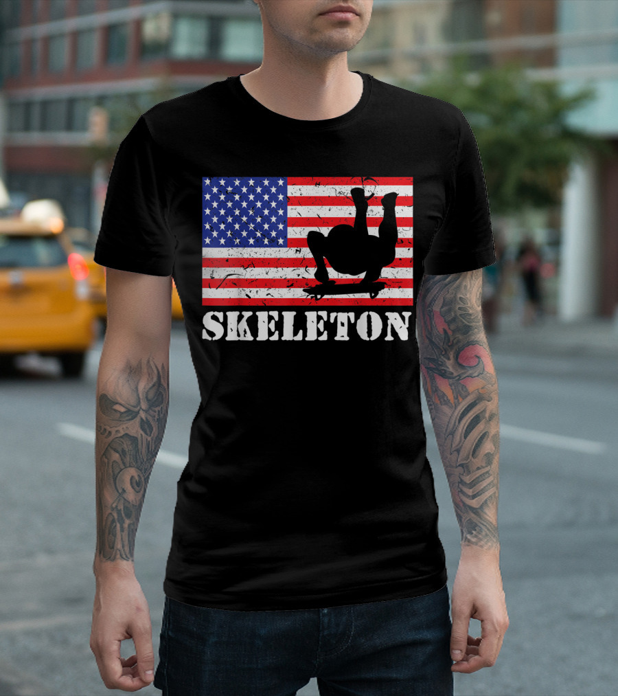 Distressed Skeleton Racing USA American Flag Skeleton T-Shirt