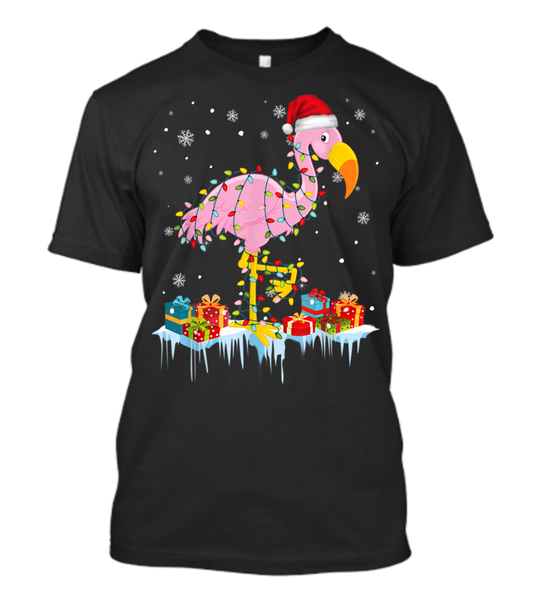 Flamingo Wrapped In Christmas Tree Lights With Santa Hat And Snowflakes T-Shirt