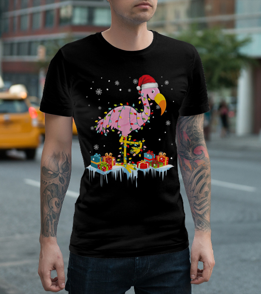 Flamingo Wrapped In Christmas Tree Lights With Santa Hat And Snowflakes T-Shirt
