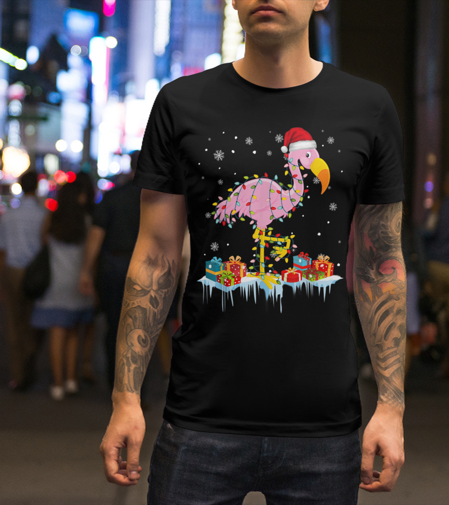 Flamingo Wrapped In Christmas Tree Lights With Santa Hat And Snowflakes T-Shirt