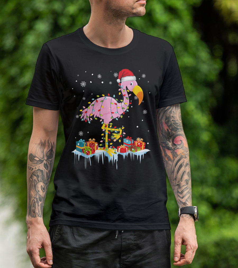 Flamingo Wrapped In Christmas Tree Lights With Santa Hat And Snowflakes T-Shirt