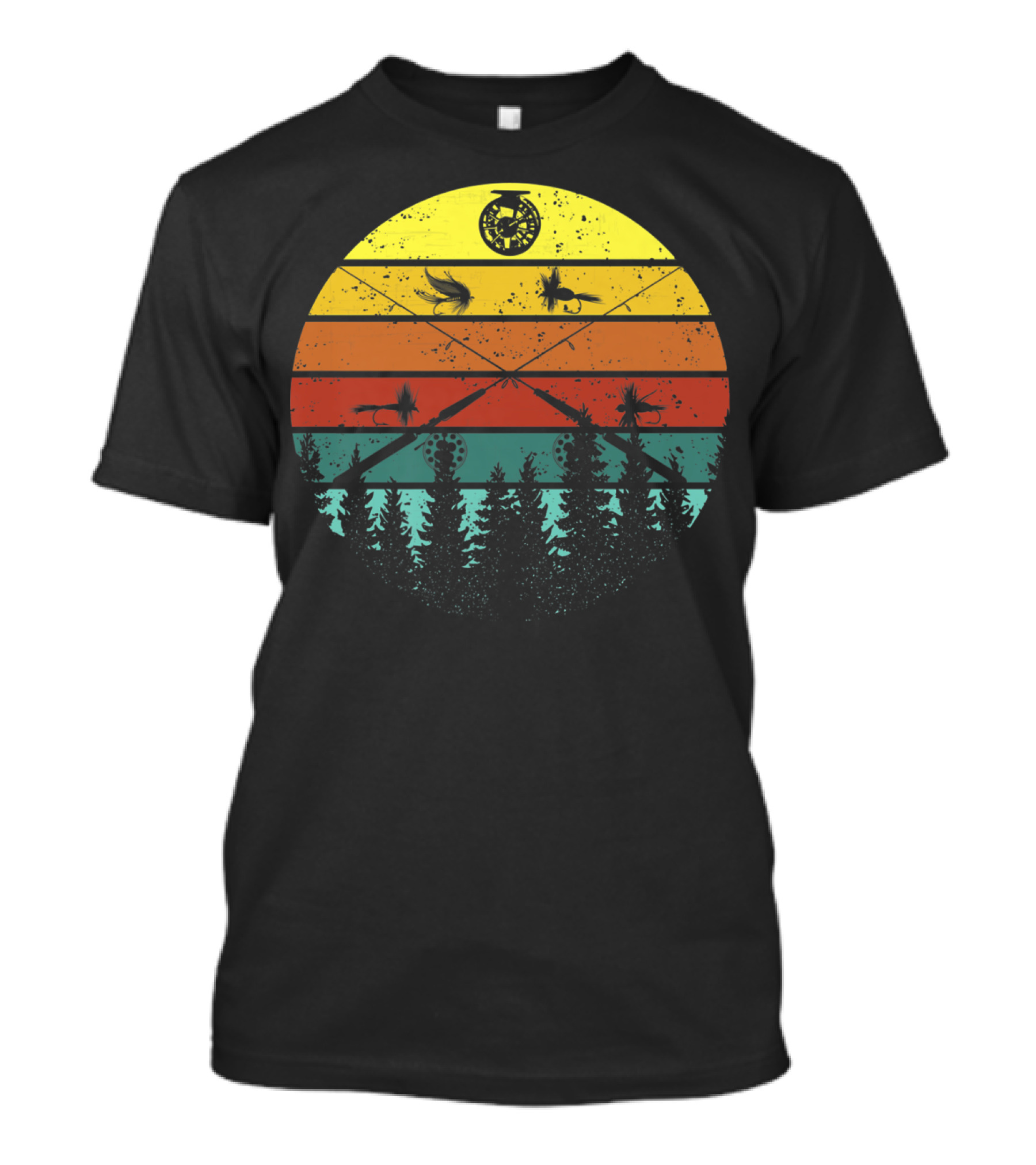Fly Fishing Fisherman Christmas Birthday Vintage Sunset Forest Pines T-Shirt