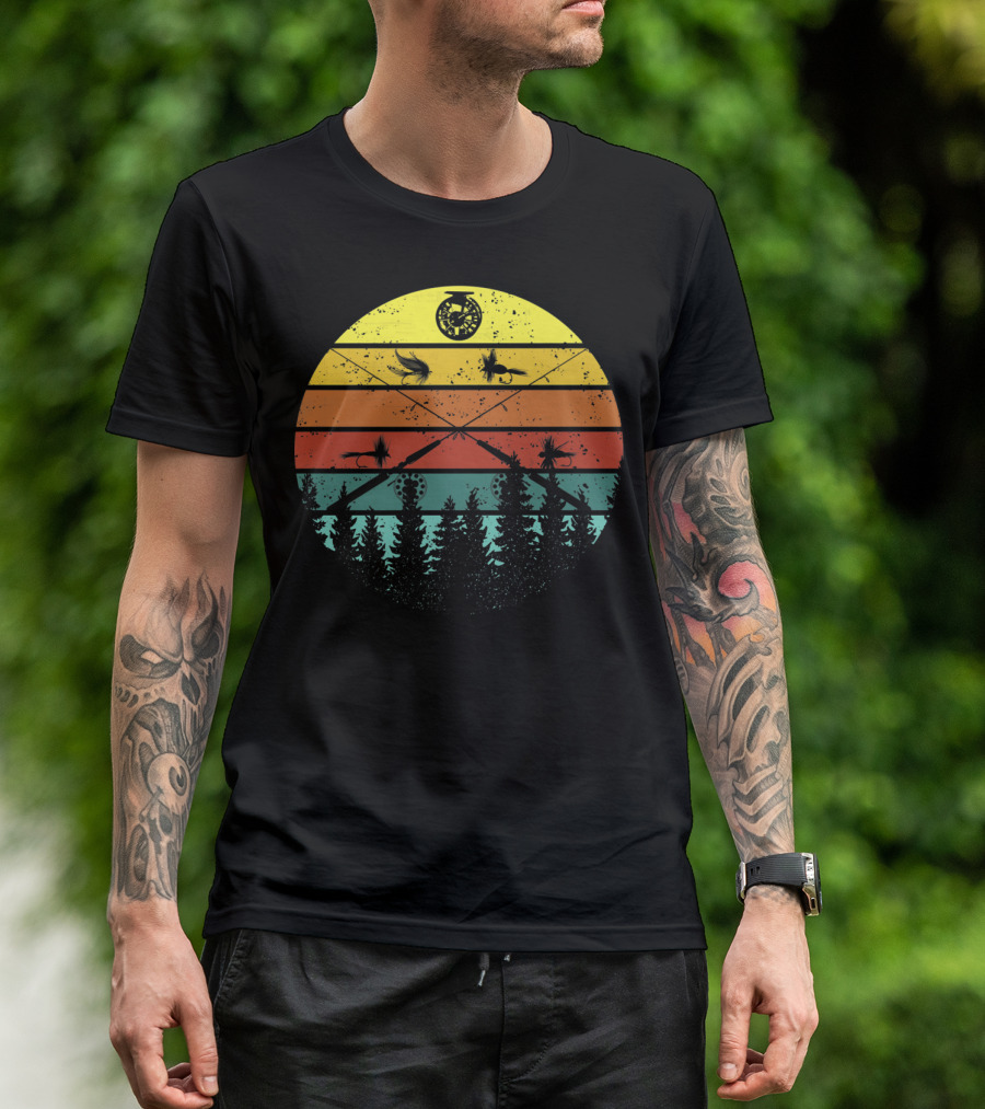 Fly Fishing Fisherman Christmas Birthday Vintage Sunset Forest Pines T-Shirt