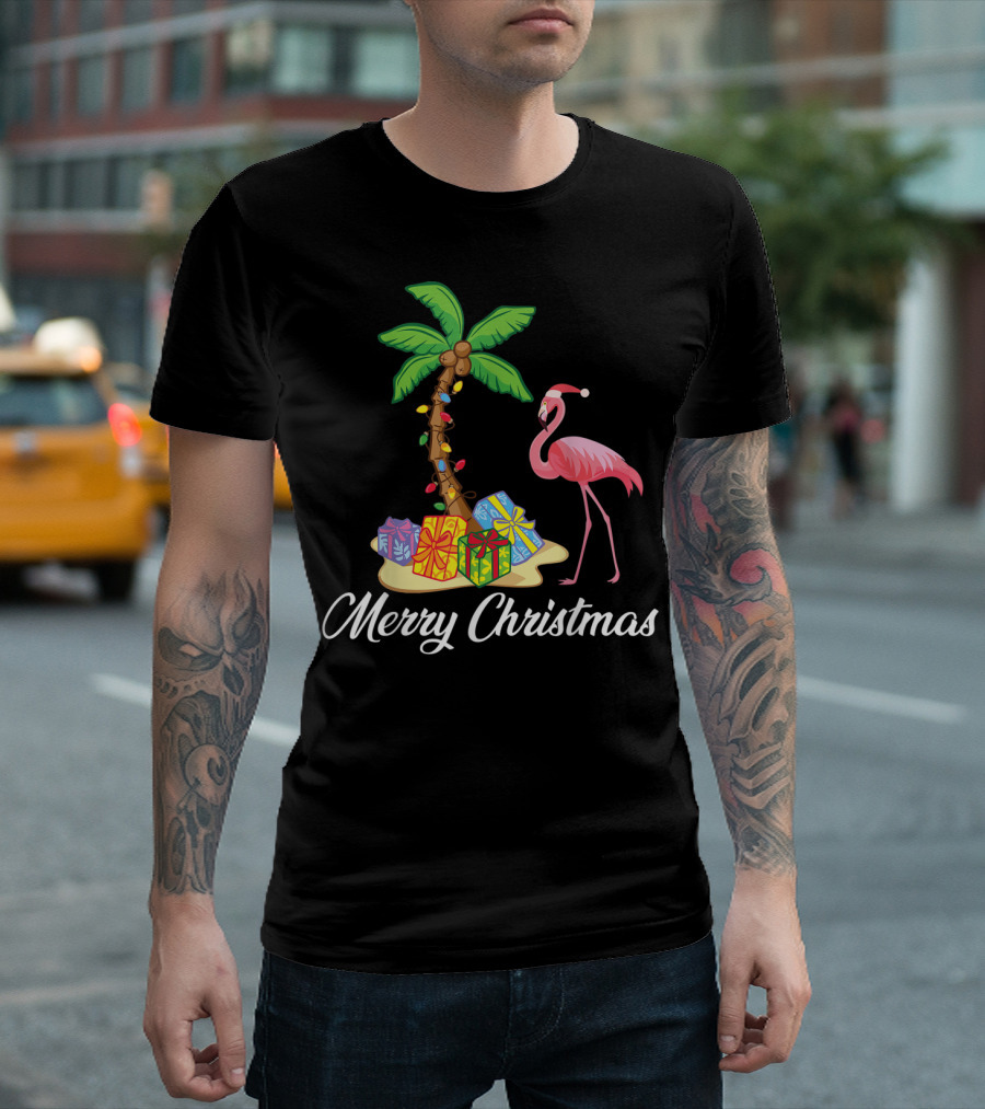 Funny Flamingo Merry Christmas Palm Tree with Gifts T-Shirt