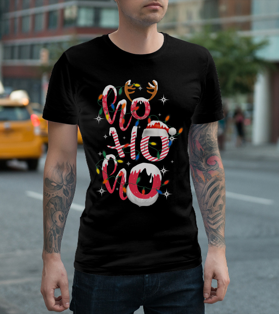 Hohoho Christmas Reindeer Candy Lights Santa Hat T-Shirt