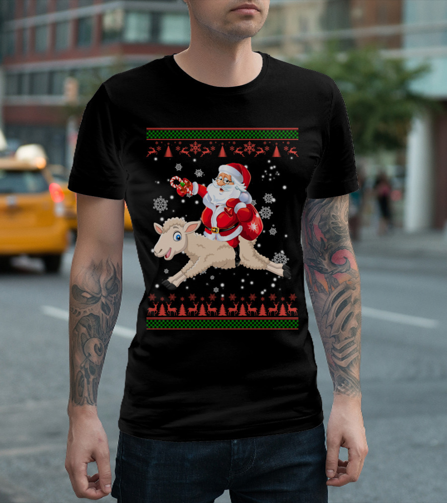 Funny Santa Riding Sheep Ugly Christmas Sweater Snowflakes Reindeer T-Shirt