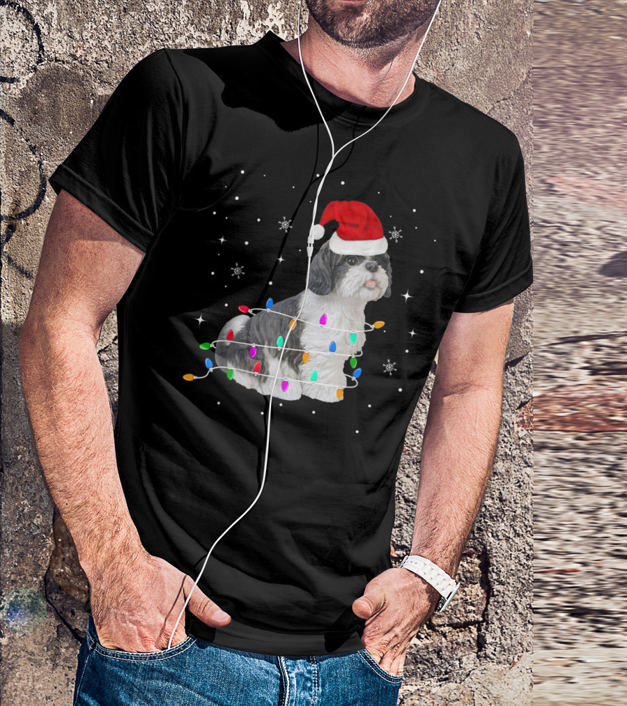 Shih Tzu Wrapped In Christmas Lights With Santa Hat And Snowflakes T-Shirt