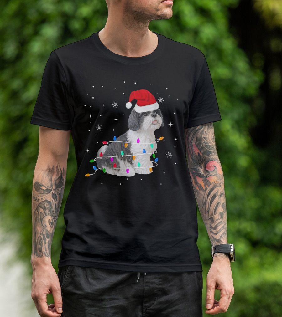 Shih Tzu Wrapped In Christmas Lights With Santa Hat And Snowflakes T-Shirt