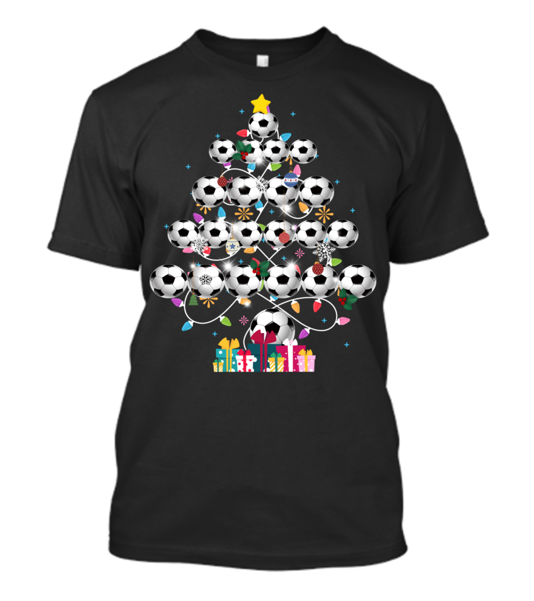 Funny Soccer Christmas Tree Balls Decorated With Lights And Gifts T-Shirt