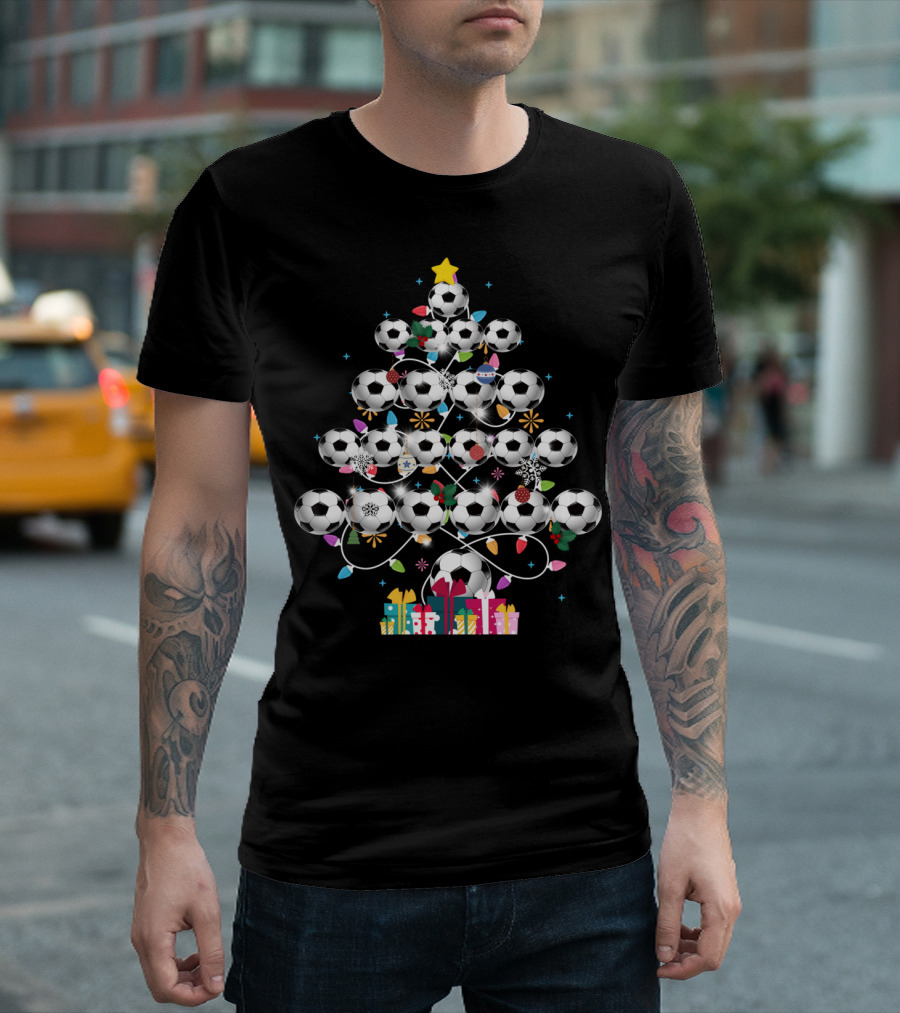 Funny Soccer Christmas Tree Balls Decorated With Lights And Gifts T-Shirt