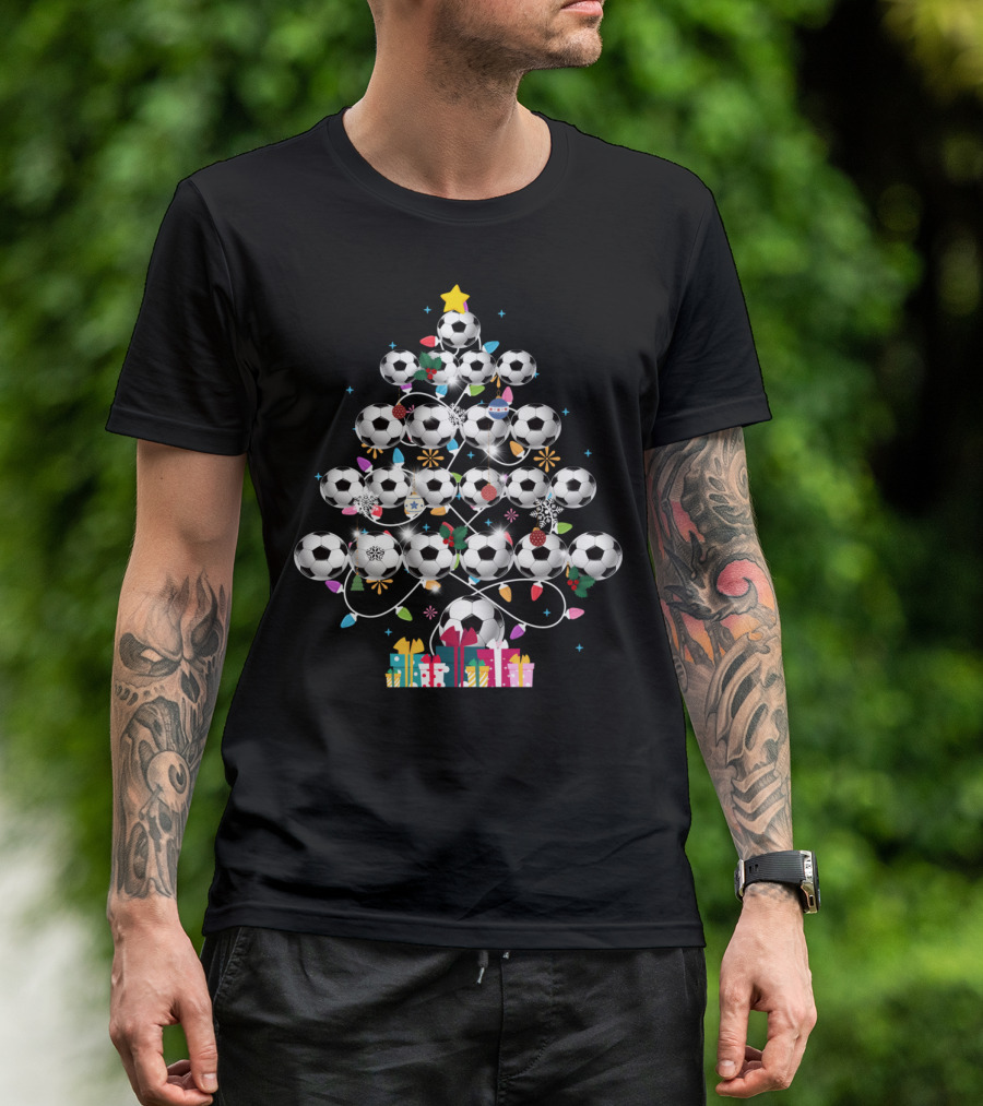 Funny Soccer Christmas Tree Balls Decorated With Lights And Gifts T-Shirt