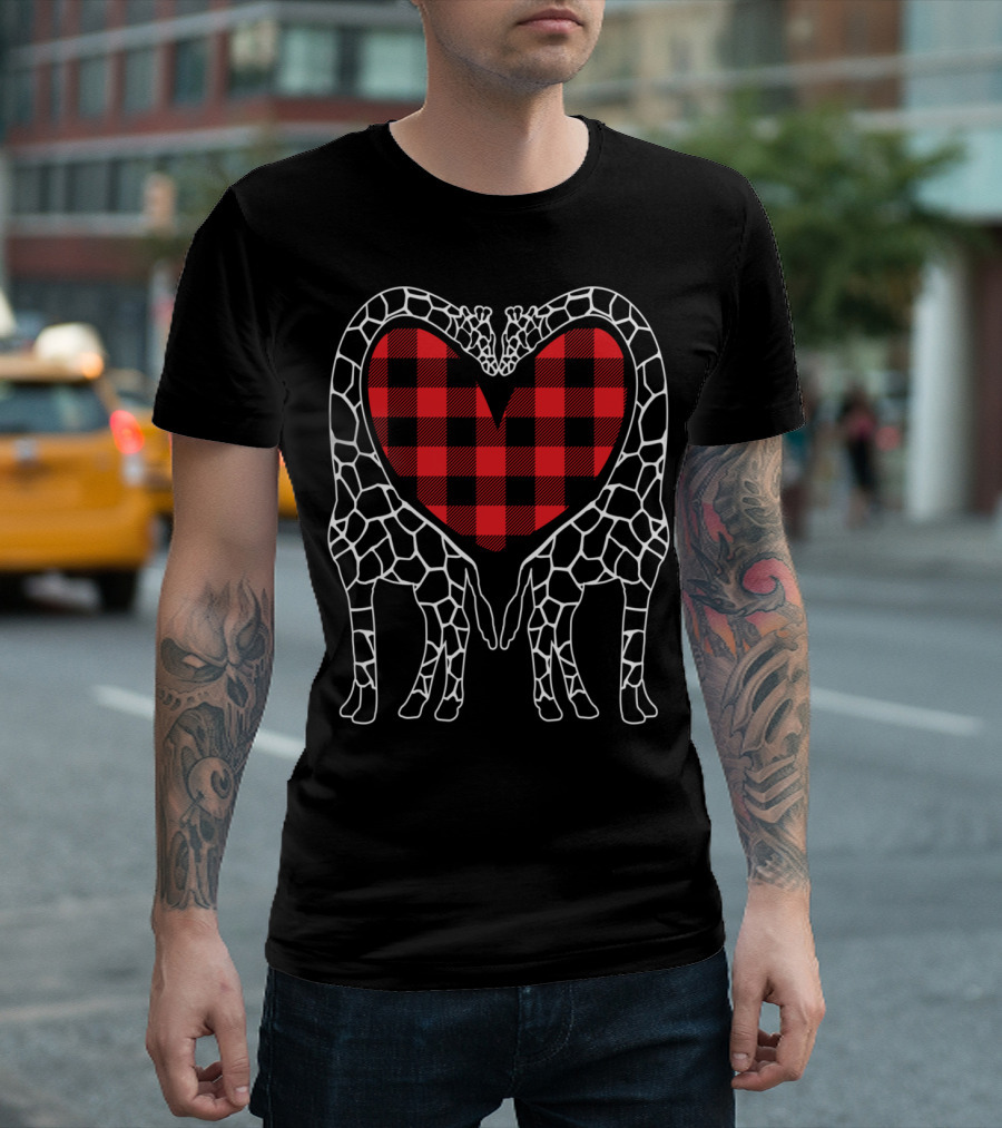 Buffalo Plaid Heart with Giraffe Lovers Christmas T-Shirt