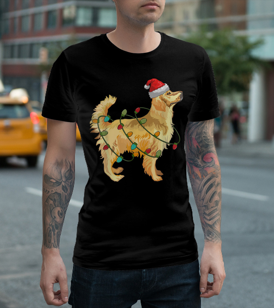 Golden Retriever Wrapped in Christmas Lights Santa Hat T-Shirt