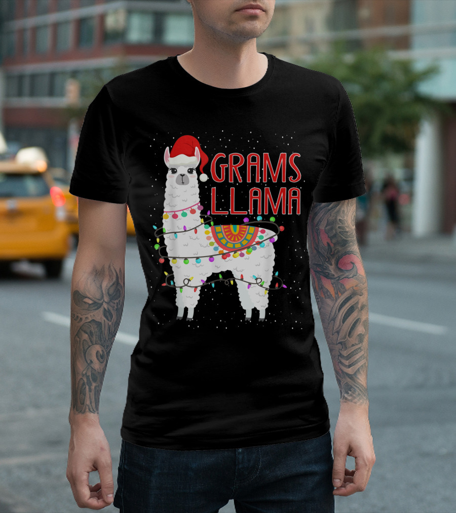 Grams Llama Christmas Santa Hat And Lights T-Shirt