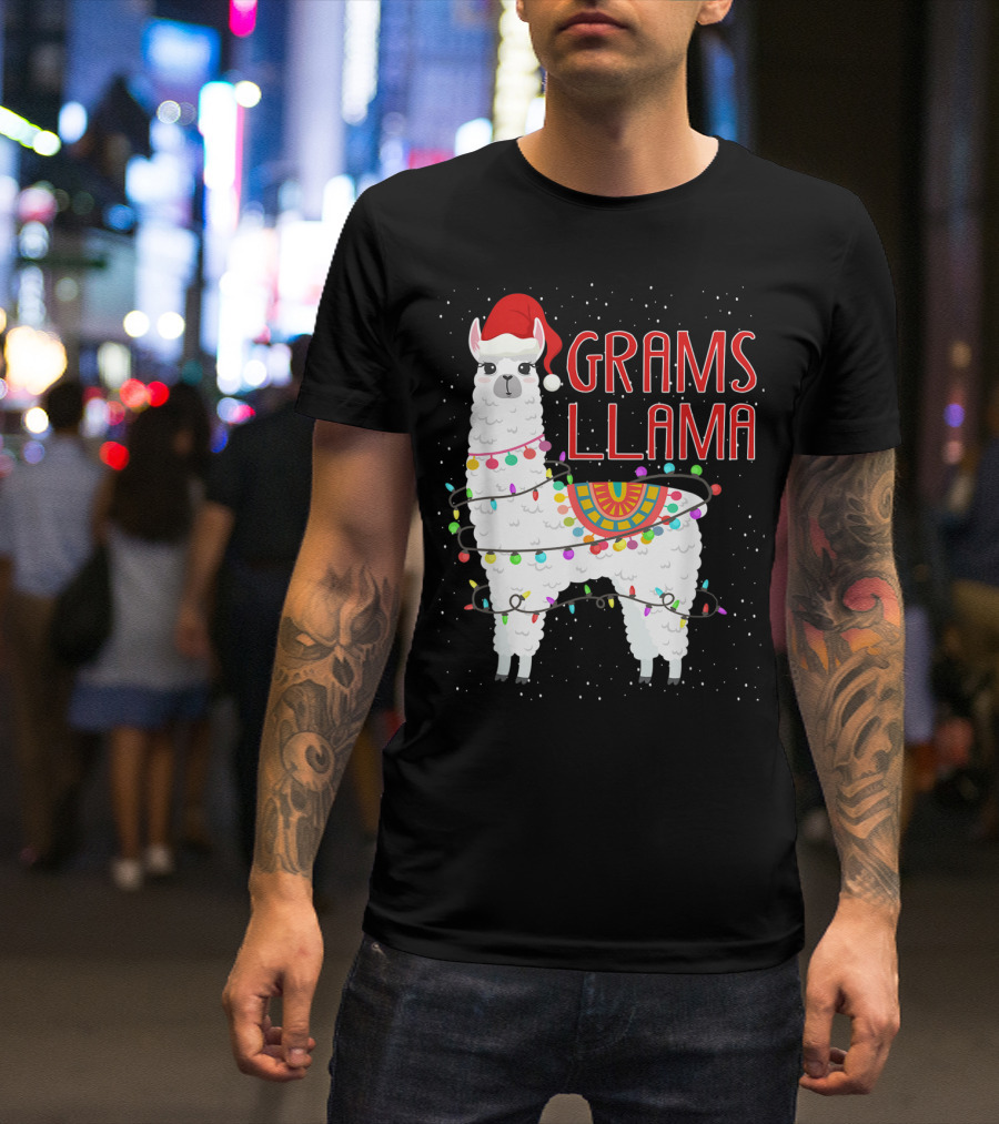 Grams Llama Christmas Santa Hat And Lights T-Shirt