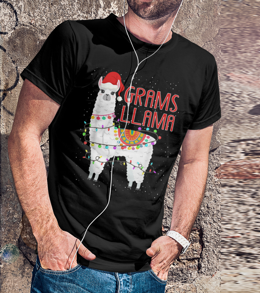 Grams Llama Christmas Santa Hat And Lights T-Shirt