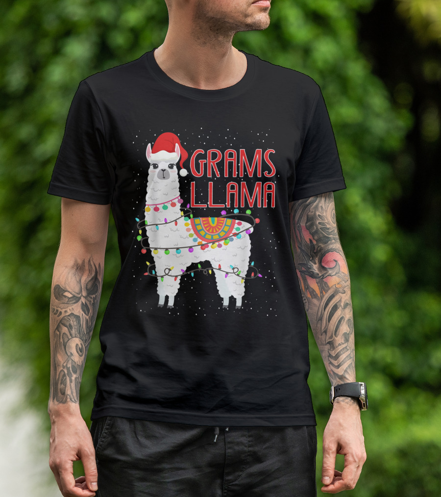 Grams Llama Christmas Santa Hat And Lights T-Shirt
