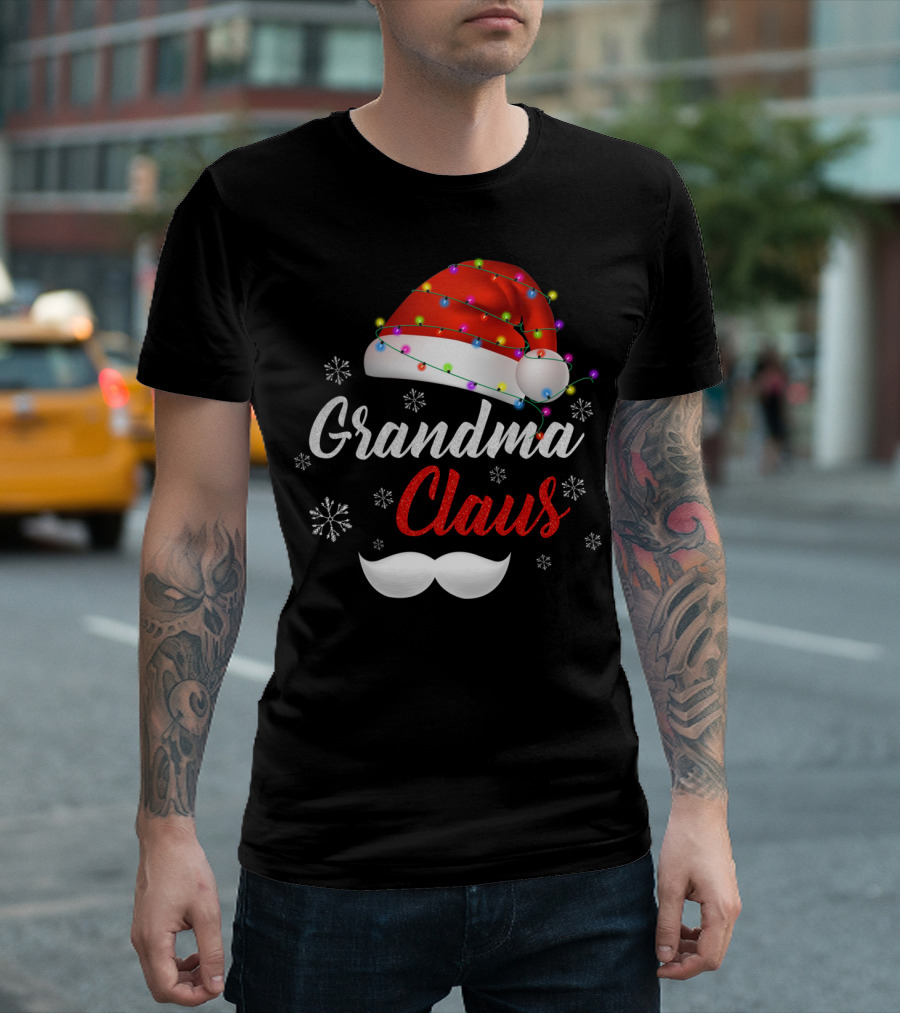 Grandma Claus Santa Hat with Lights and Snowflakes T-Shirt