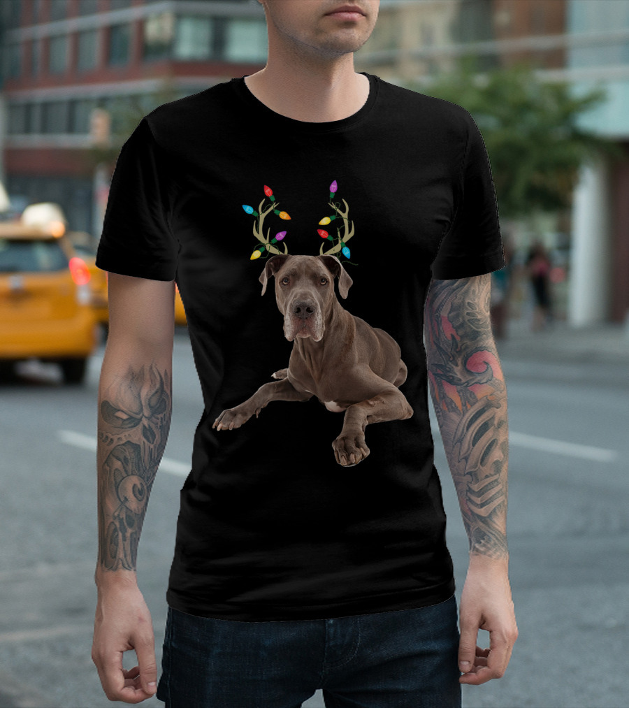 Great Dane Reindeer With Christmas Lights Antlers T-Shirt