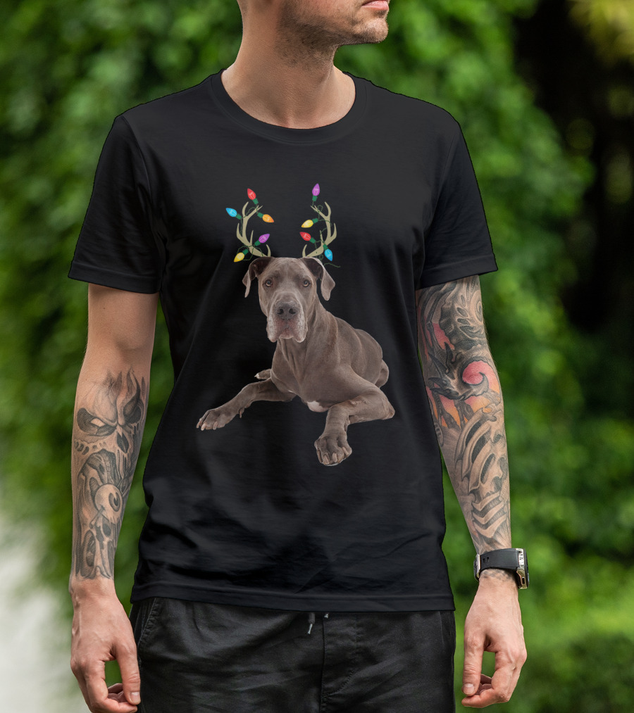 Great Dane Reindeer With Christmas Lights Antlers T-Shirt
