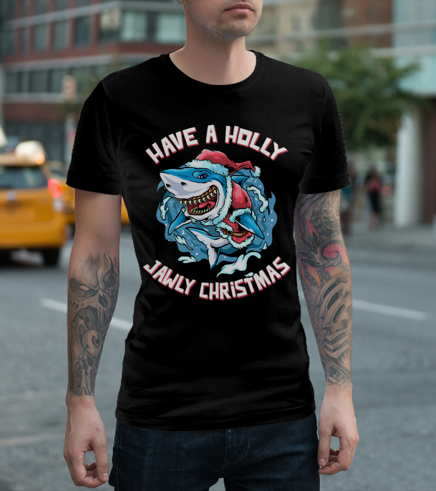 Have A Holly Jawly Christmas Shark in Santa Hat T-Shirt