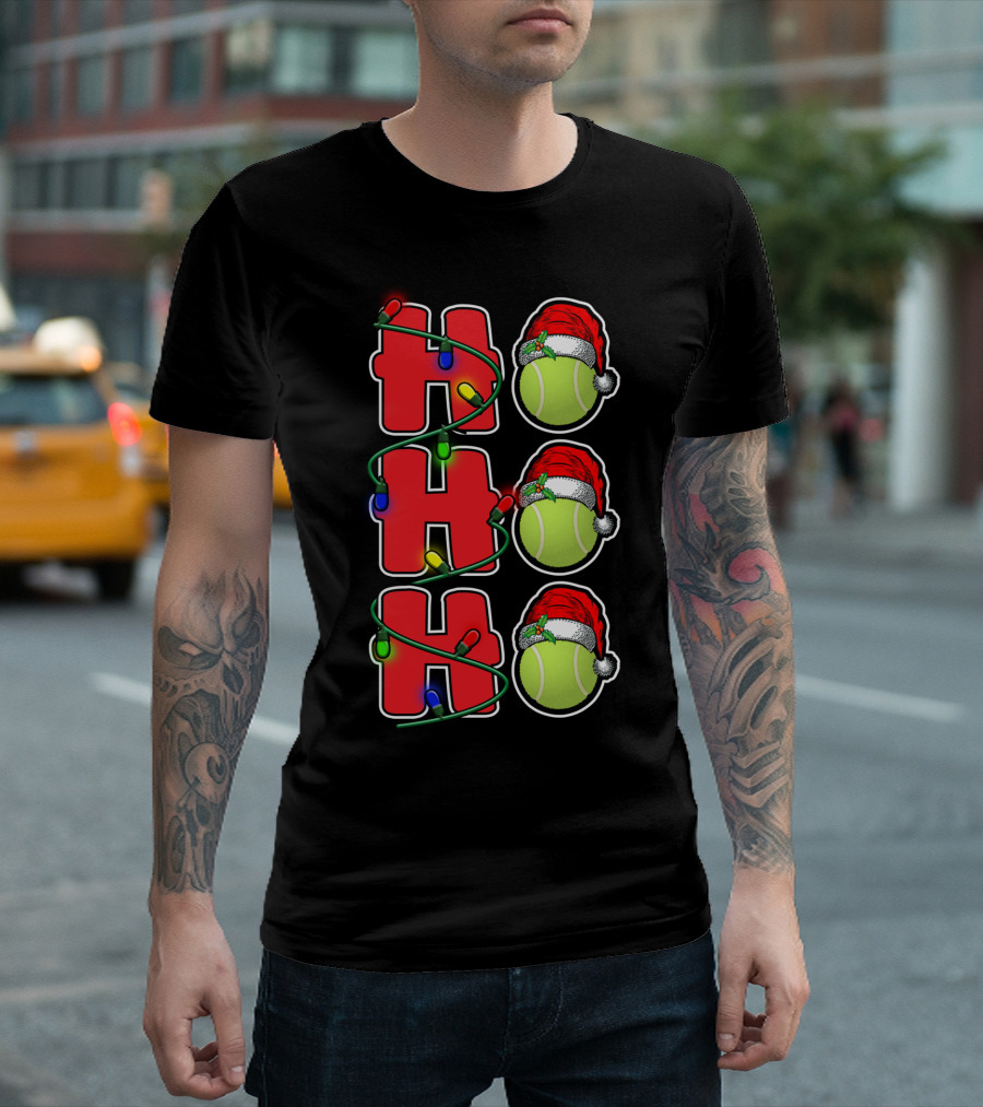 Ho Ho Ho Santa Hat Tennis Christmas Lights Decor T-Shirt