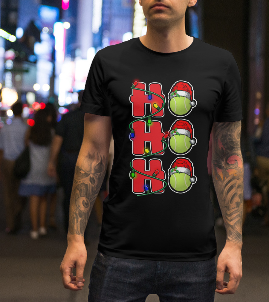 Ho Ho Ho Santa Hat Tennis Christmas Lights Decor T-Shirt