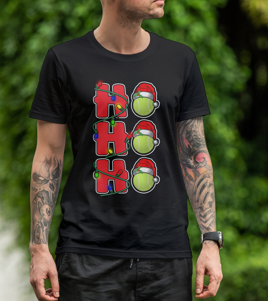 Ho Ho Ho Santa Hat Tennis Christmas Lights Decor T-Shirt