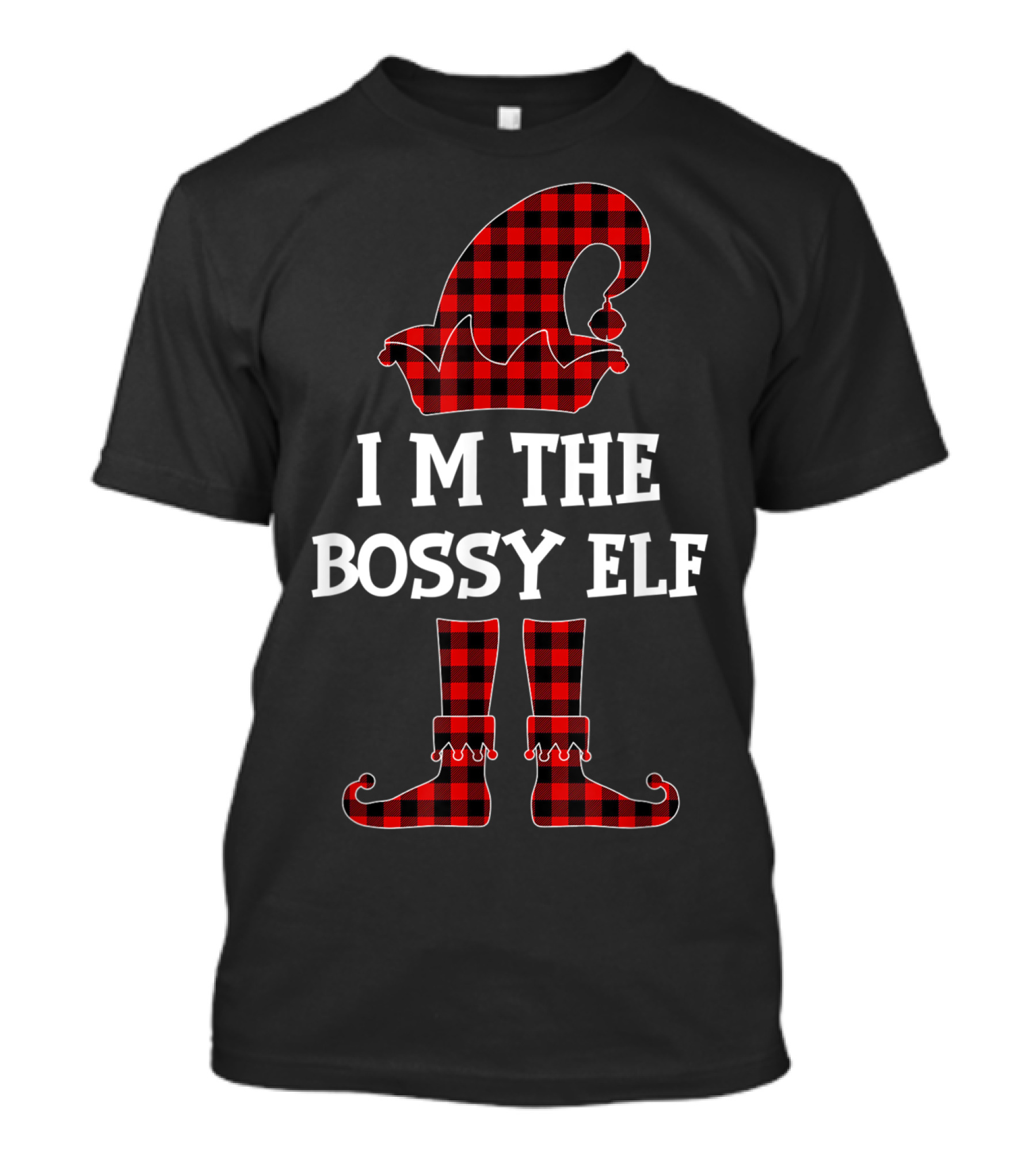 I Am The Bossy Elf Red Plaid Hat And Boots Christmas Humor T-Shirt